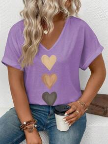 EMERY ROSE Women's Spring/Summer V-Neck Folded Cuff, Gradient Heart Print Pattern Casual Versatile T-Shirt - Lilac Purple - View 4