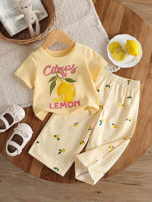 SHEIN Playful Pals 女嬰字母檸檬印花圓領短袖T恤與格紋長褲套裝