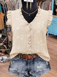 EMERY ROSE Blusa de talla grande con cuello en V, sin mangas, con volantes y bordado falso - Albaricoque - Ver 4