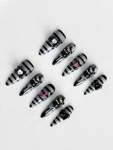 ROMWE Anime 10 Peças Manicure de Gato Listrado Estilo Gótico, Manicure Personalizada Feita à Mão de Alta Qualidade, Unhas Postiças Longas em Formato de Amêndoa Adequadas para Todas as Estações - Multicolorido - Visão 3