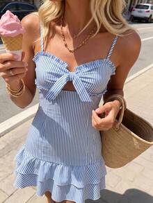 Flora Isola Flora Isola Women's Small Size Blue & White Striped Sleeveless Dress With Ruffle Hem, Bow Tie Design, Double Layer Flounce Hem, Bohemian Vacation Style, Suitable For Spring/Summer Daily Wear - Blue and White - View 6