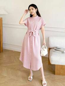 SHEIN 1 pieza Vestido corto de manga corta de moda casual de verano para adolescentes, de cuello alto, a rayas rosa, de corte holgado, con abertura en el bajo y cinturón, adecuado para uso diario, compras, vacaciones y talla grande - Rosa - Ver 4