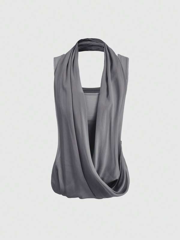 ROMWE Summer Y2K Hot Girl Solid Color Versatile Tank Top With Chiffon Ruffle Collar 2 In 1 Waist Gathered Slim Fit Vest