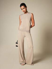 KSTM Sleeveless Knit Co-Ord Set With Crew Neck Top And Wide-Leg Palazzo Trousers For Spring Summer - Khaki - View 1