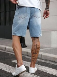 Manfinity LEGND Shorts de mezclilla con botones, efecto desgastado y lavado, de largo hasta la rodilla, para hombres de talla grande - Azul - Ver 3