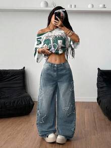 Coolane 女款饒舌歌手運動休閒風水洗星星圖案牛仔褲 - 中等水洗藍 - 查看 5