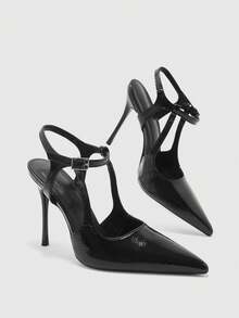 CUCCOO BIZCHIC Zapatos de tacón de aguja en forma de T con parte trasera puntiaguda y vacía, hebilla de metal, tacones altos delgados para el trabajo y el desplazamiento - Negro - Ver 5