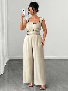 Linhara CURVE Plus Size Long Sleeve Contrast Trim Waist Cinched Long Jumpsuit For Women - Khaki - View 3