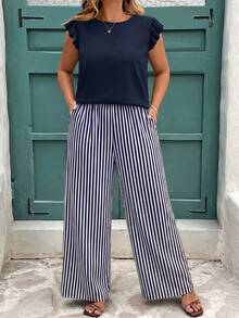 EMERY ROSE Casual Minimalist Dark Blue Striped Print Plus Size 2 Pieces Set - Multicolor - View 3
