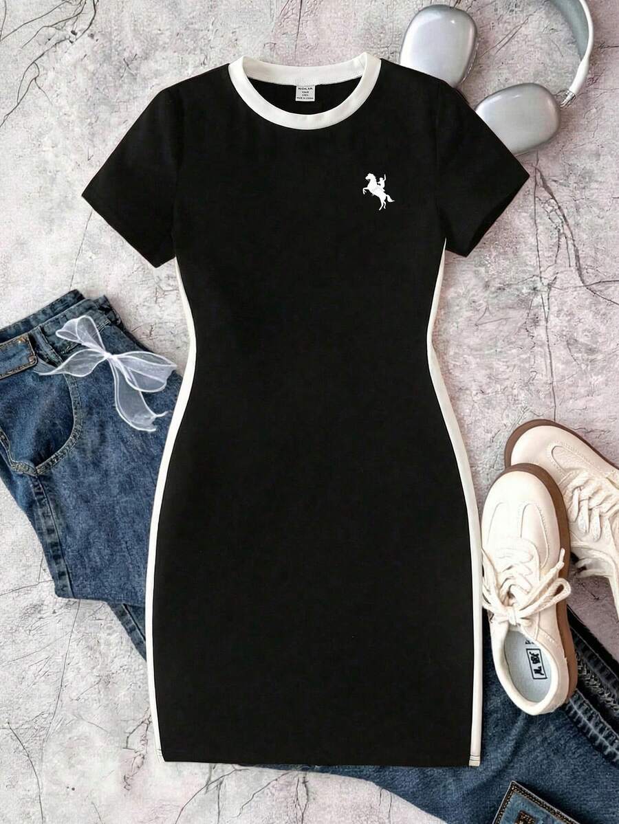 SHEIN 少女蝴蝶结印花黑白撞色修身休闲日常连衣裙 - 黑與白 - 查看 1