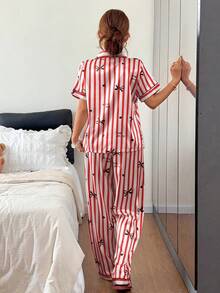 Softscene Faux Silk Bow Heart Letter Print Lapel Short Sleeve Long Pants Pajama Set - Red - View 2