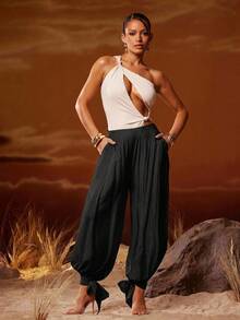 Hauture Summer Casual Vacation Streetwear Solid Color Textured Hem Tie Design Women's Lantern Long Pants - Black - View 2