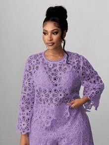 Maweii Plus Size Solid Color Hollow Out Round Neck Elegant Long Sleeve Blouse - Mauve Purple - View 3