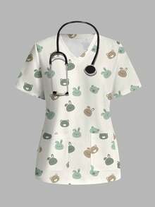 PopScrub Women's Scrub Top With Cute Rabbit And Bear Print Pattern, Suitable For Children's Hospital, Pet Hospital - Multicolor - View 7