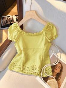 SHEIN PariChic Women's Sweet & Elegant Ruffled Tie-Up Contrast Lace Off Shoulder Cropped Blouse, Versatile Wear For Spring/Summer - Yellow - View 2