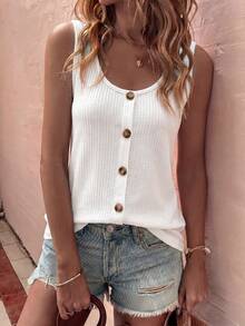 SHEIN LUNE Women's Solid Color Button Design Round Neck Casual Versatile Tank Top - White - View 3