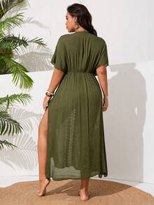 Swim Vcay Plus Size Women's One-Piece Side Slit Lace Patchwork Sexy Casual Vacation Beach Dress - Army Green - View 2