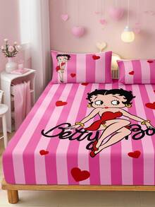 Betty Boop x SHEIN 1件 Miss Betty 定位印花貼身床單床墊套，柔軟保暖，舒適透氣，多種尺寸，適用於單人床/雙人床/皇后床/特大床，粉色熊 - 粉色 - 查看 4
