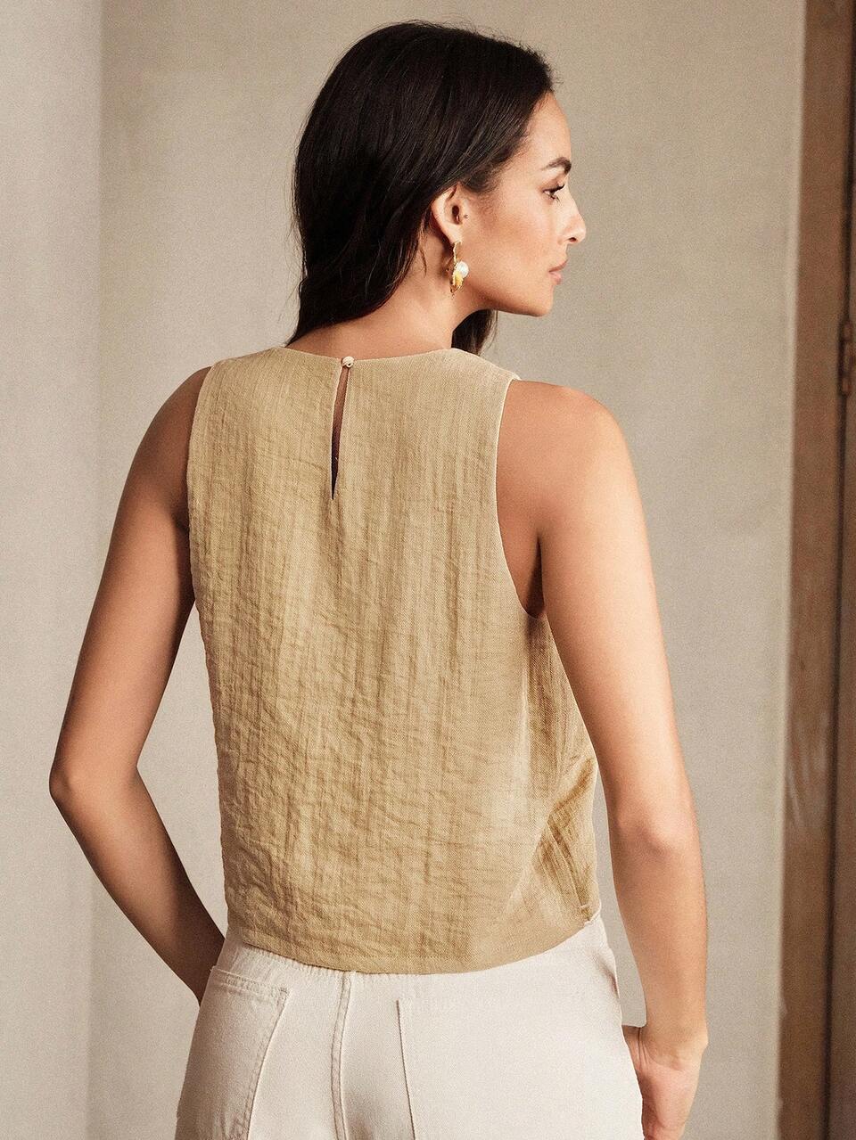 Anewsta Women's Round Neck Sleeveless Hollow Embroidery Lace Tank Top Vacation Beige Summer Boho Elegant