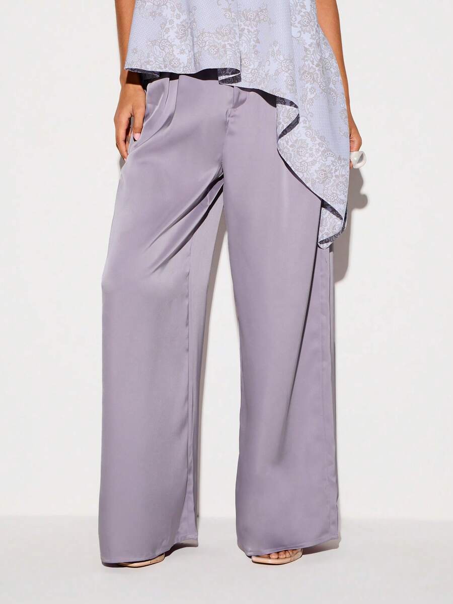 KIZN Satin Wide Leg Tailored Trouser Palazzo Pants Formal Evening Office Pleated High Rise Full Length - Mauve Purple - View 1