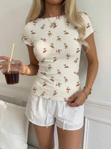 CovetEZ 95 Cotton Casual Minimalist Sexy Cute Deer Print Pattern Short Sleeve T-Shirt, Suitable For Spring And Summer, Basic, College Style, Music Festival - Multicolor - View 3