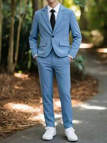 青少年男孩西裝套裝 春夏秋季新款 高端優雅帥氣時尚 宴會商務婚禮舞台表演主持人紳士正式長袖西裝外套 + 休閒長褲套裝，適合晚宴派對、主持人、舞台表演、聚會、時裝秀 - 霧霾藍 - 查看 1