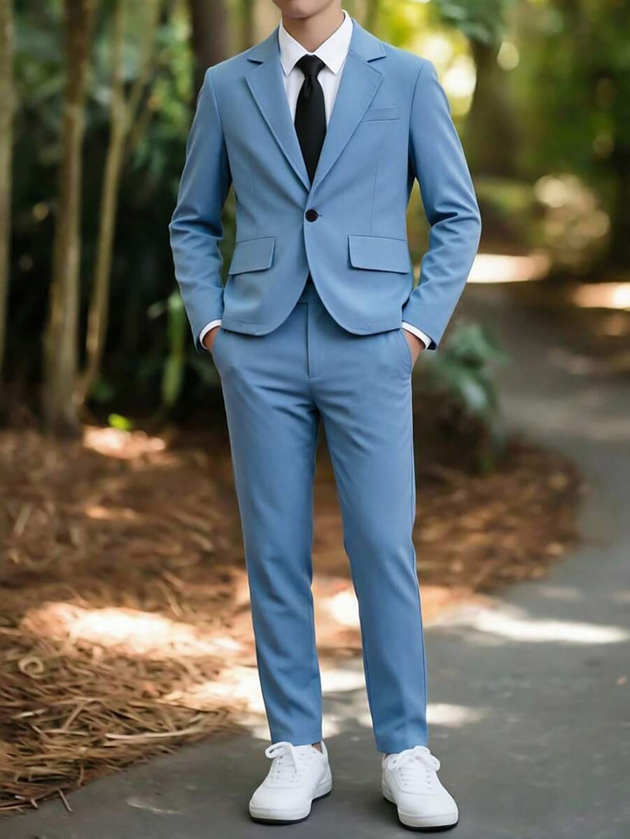 青少年男孩西裝套裝 春夏秋季新款 高端優雅帥氣時尚 宴會商務婚禮舞台表演主持人紳士正式長袖西裝外套 + 休閒長褲套裝,適合晚宴派對、主持人、舞台表演、聚會、時裝秀 - 霧霾藍 - 查看 1