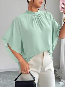 Elenzga Plus Size Women's Round Neck Ruched Sleeve Wavy Hem Loose Blouse, Spring/Summer - Mint Green - View 4
