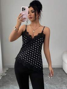 Rafferiza 女款優雅圓點咖啡色蕾絲拼接背心上衣 - 黑色 - 查看 6