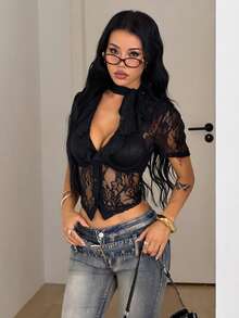 Coolane Summer For Women Streetwear Sexy Elegant Going Out Club Night Out Casual Daily Wear Date Night Y2K Deep V-Neck Elastic Lace Black Floral Blouse - Black - View 2