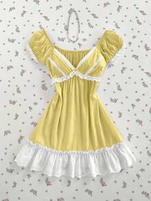 Elamini Vestido corto de mujer con manga raglán, volantes y decoración de moño - amarillo ganso - Ver 3