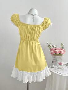 Elamini Vestido corto de mujer con manga raglán, volantes y decoración de moño - amarillo ganso - Ver 2