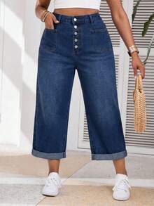 Vivid Eden Plus Size Women's Button Front Casual Loose Fit Denim Jeans - Dark Wash - View 7