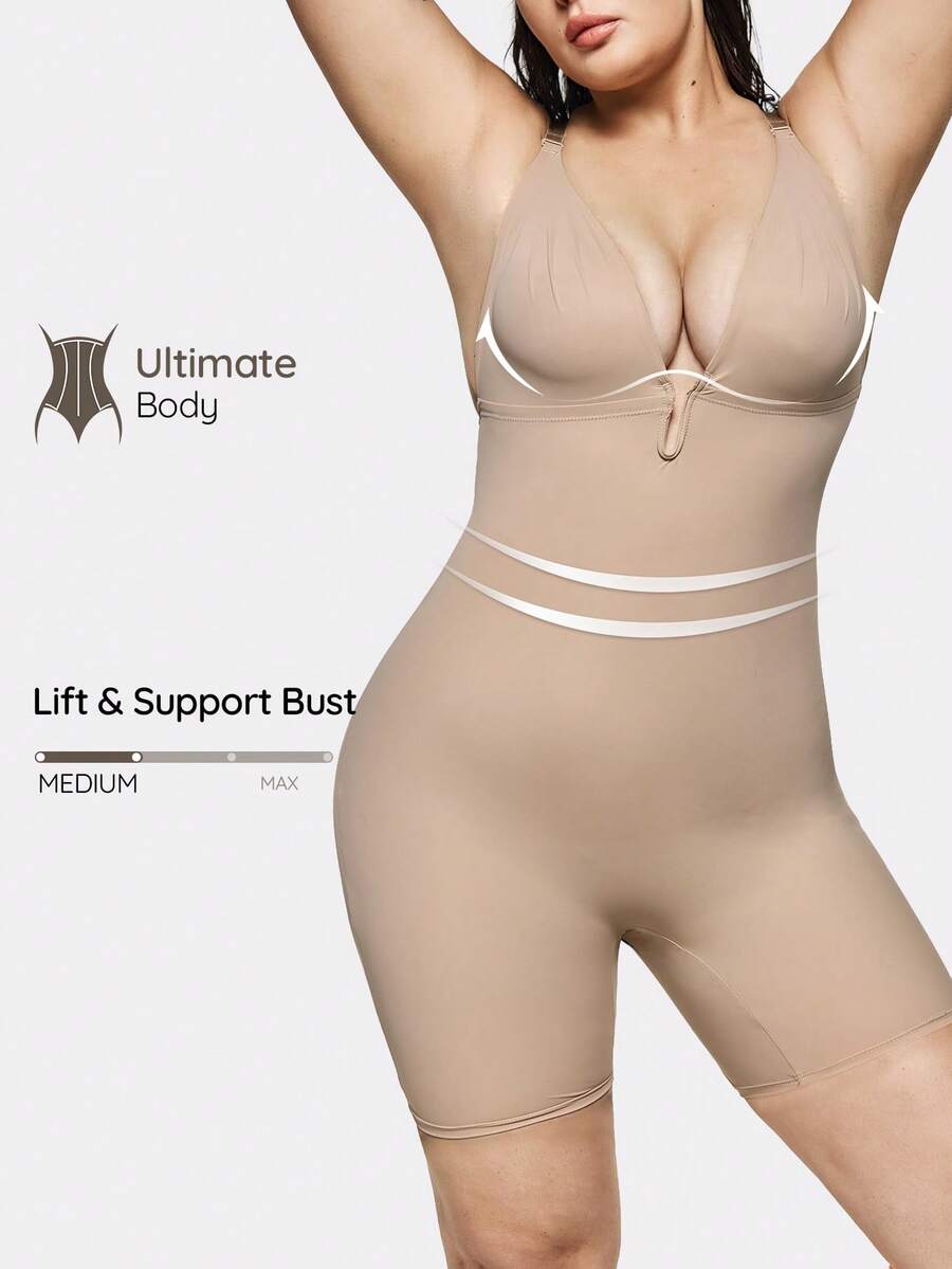 SHAPORA Plus Size Women Solid Color Criss-Cross Back Shapewear Shorts - Khaki - View 1