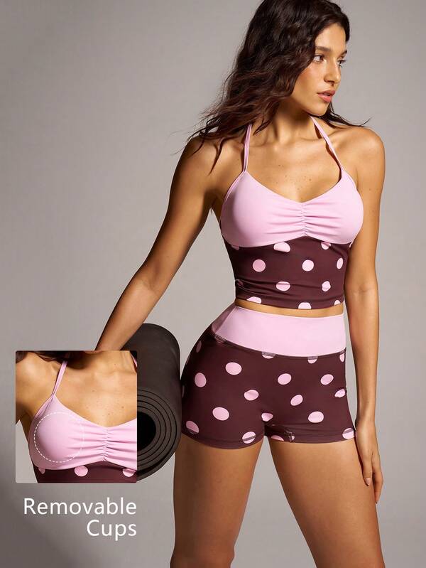 VARSIVA Women's Polka Dot Print Backless Halter Neck Top And Shorts Sports Set