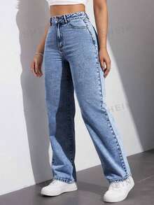 SHEIN EZwear 女士實色簡約日常牛仔褲 - 藍色 - 查看 4
