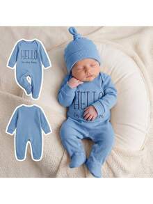 SHEIN Recién nacido bebé niña lindo casual mameluco de punto azul bordado pijamas - Azul - Ver 2