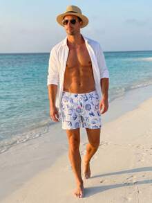 Manfinity Swimmode Men's Shell Print Drawstring Waist Casual Vacation Beach Shorts,White And Blue Summer Holiday 5 Inch Inseam Swim Trunks,Pool Party Slant Pocket - Blue and White - View 3