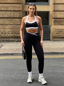 hollyjadebate Women's Casual Sports Contrast Color Halter Neck Tank Top & Pants Set - Black - View 1