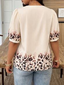 Weeklong Plus Size Women's Spring/Summer Notch Neck Leopard Print Placed Print Contrast Color Casual Vacation Shirt - Multicolor - View 2