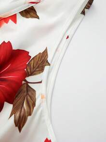 GlowEve CURVE Women's Plus Size V-Neck Floral Print Pleated Casual Party Beach Vacation Dress Red And White Summer - Red and White - View 5