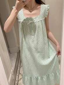 DAZY 甜美碎花蕾絲拼接無袖方領寬鬆長洋裝 夏季女款居家休閒睡裙 - 綠色 - 查看 6