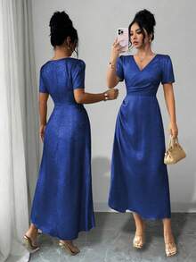 Elenzga Women's V-Neck Elegant Elegant Waist-Cinched Pleated Party Gathering Outing Casual Holiday Annual Meeting Wedding Autumn/Winter New Year Spring/Summer Gold Short Sleeve Dress - Blue - View 3