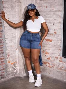 Slaydiva Plus Size Women's High Waist Pocket Button Zipper Denim Shorts Date Night Brunch Navy Blue Summer Baggy Business Casual - Light Wash - View 3