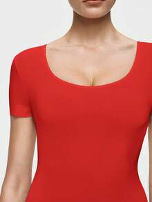 SHAPORA Women's Solid Color Versatile Short Sleeve Jumpsuit, Minimalist - Red - View 6