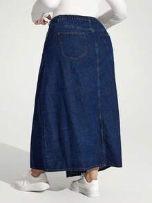 SHEIN Unity Jolene.Mendez Plus Size Casual Sweet Loose A-Line Blue Denim Mini Skirt, For Apple Rounded Body Shape - Dark Wash - View 2