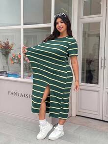 Solflare Dark Green Striped Split Short Sleeve Plus Size Dress - Dark Green - View 6