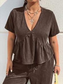 Muchica Chocolate Brown Plus Size Women 2 Pieces Set, Spring/Summer - Chocolate Brown - View 5