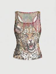 ROMWE Avant Tiger Head Leopard Print Summer Sexy Sheer Mesh Women's Tank Top
