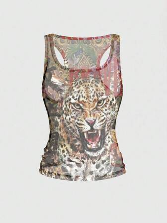 ROMWE Avant Canotta da donna estiva sexy in rete trasparente con stampa leopardata e testa di tigre